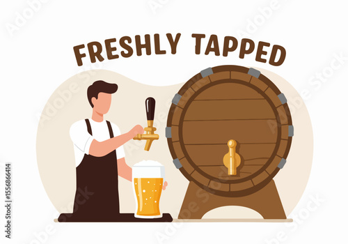 Bartender pouring freshly tapped beer from a wooden barrel illustration