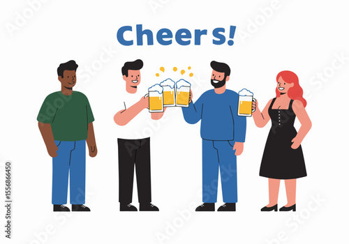 Illustration of diverse friends celebrating and toasting with beer mugs saying Cheers!