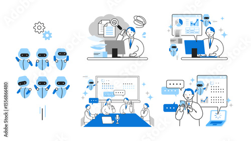 Concept: Illustrating how diverse people integrate AI into daily routines with trust and ease. Cartoon character heads of People interacting with AI in everyday life situations.