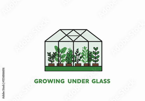 Simple illustration of plants growing inside a glass greenhouse, representing gardening and cultivation under controlled conditions.
