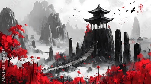 Red Blooms with Asian Temple, and Misty Mountains.