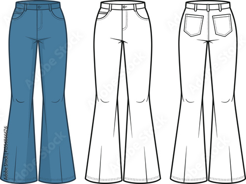 Women's retro flare jeans fashion flat technical drawing, front and back views, classic denim pants apparel design, vector illustration for casual wear.
