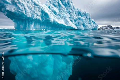 Under and over water view of an iceberg in the Antarctic