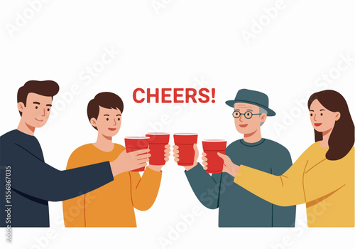 Happy group of people from different generations celebrate and toast with red cups, saying "Cheers!" together.