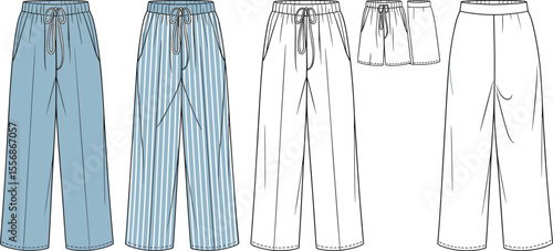 Women's wide-leg lounge pants and shorts fashion flat technical drawing set, various styles, elasticated waist with drawstring, comfortable casual wear vector illustration.