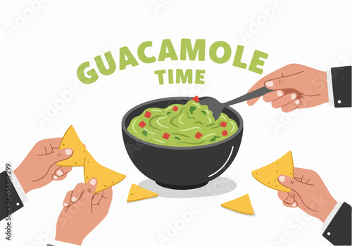 Illustration of hands sharing and dipping tortilla chips into a bowl of fresh guacamole, with the text "GUACAMOLE TIME".