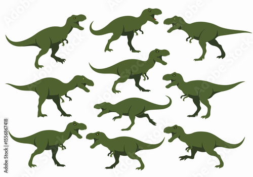 Seamless pattern illustration of green Tyrannosaurus Rex dinosaurs in various dynamic poses on a white background, perfect for children's textiles, wallpaper, or design projects.