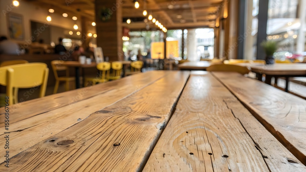Rustic Wooden Table in a Blurred Background Cafe Setting Rustic Wooden Table in a Blurred Background Cafe Setting