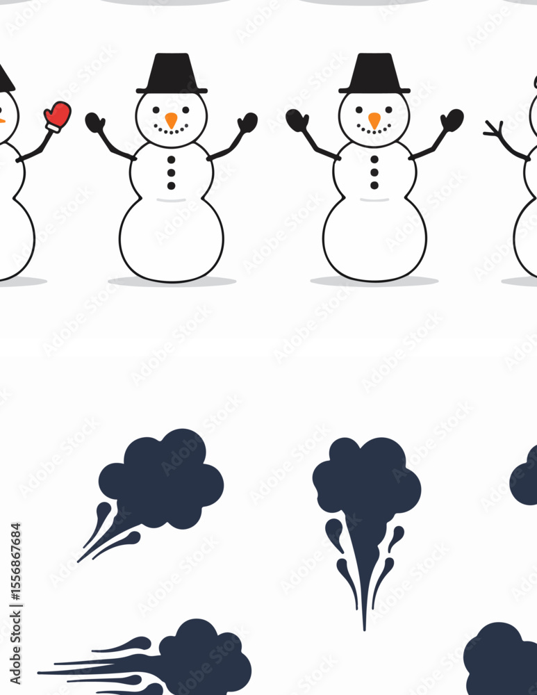 Seamless pattern with simple cartoon snowmen and stylized wind elements on a white background.