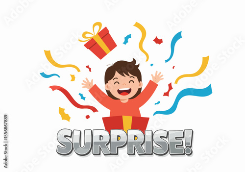 Excited child pops out of a surprise gift box surrounded by colorful confetti and streamers illustration.