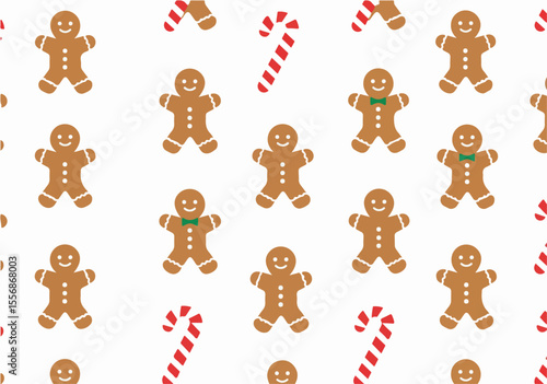 Seamless Christmas pattern with cute gingerbread men and red striped candy canes on a white background, perfect for festive holiday designs.