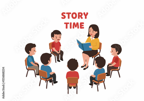 Story Time: Teacher Reads Book to Group of Happy Children Sitting in Chairs, Engaging in Learning and Fun
