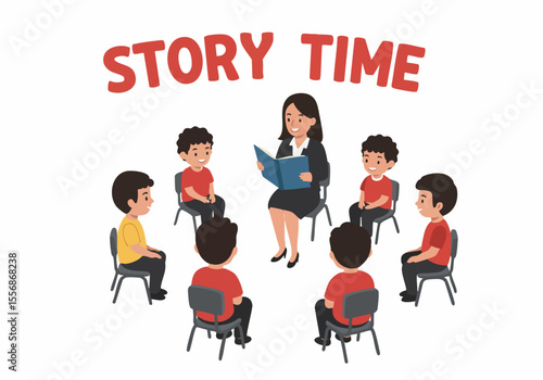 Story time illustration with teacher reading a book to young boys seated in a circle.