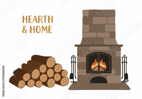 Cozy hearth and home illustration featuring a fireplace with a burning fire, a stack of firewood logs, and fireplace tools on a white background.