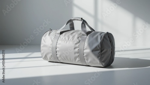 Minimalist studio shot of a gray duffel bag on a white background with shadows relevant
