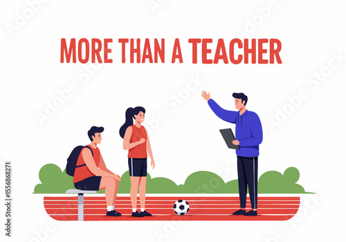 Coach mentoring young athletes on a sports field track, illustrating the supportive role beyond teaching skills.