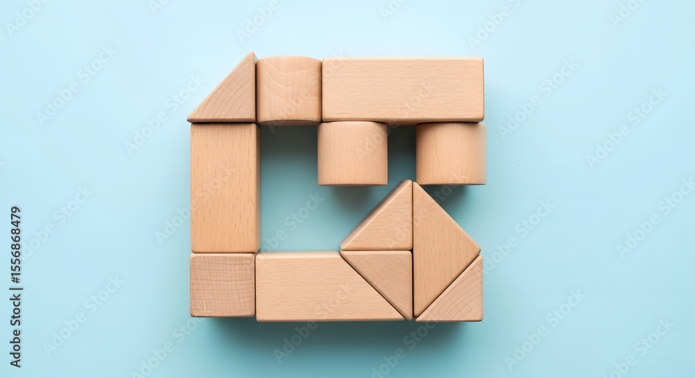 Obraz premium Building Blocks of Imagination: A Creative Assembly of Wooden Shapes for Playful Learning and Conceptual Design, Encouraging Innovation and Exploration