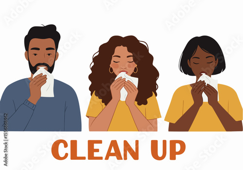 Diverse people wiping their mouths with tissues, illustrating cleanliness and hygiene habits with "Clean Up" text.