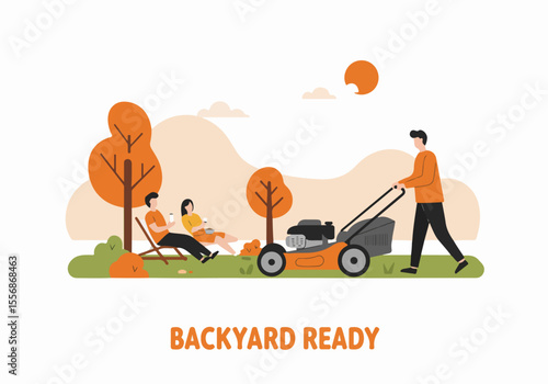 Backyard Ready: Man mows lawn while couple relaxes in garden chairs under trees enjoying the day.