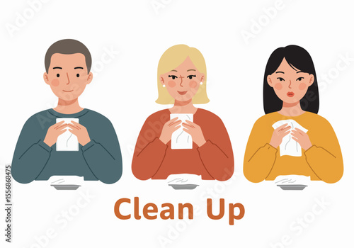 Illustration of diverse people wiping their hands with napkins at a table after a meal or during clean up.