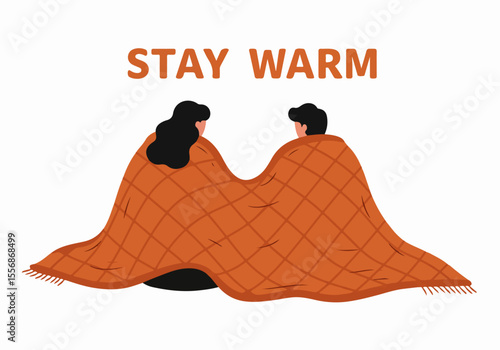 Illustration of a couple snuggled together under a cozy blanket with 'Stay Warm' text above them, symbolizing comfort and togetherness during cold weather.