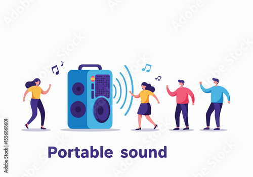 Group of people dancing and enjoying music from a portable speaker, celebrating sound and entertainment in flat illustration style.