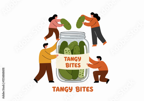 Small cartoon people working together to fill a giant glass jar with pickles, featuring a label that says "Tangy Bites".