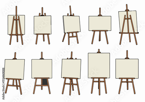 Collection of various blank easels with canvases from different angles, simple illustration for art, creativity, and studio concepts.