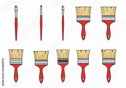 Collection of Various Paint Brushes: Fine Tip Art Brushes and Broad Painting Brushes with Red Handles, Isolated on a White Background