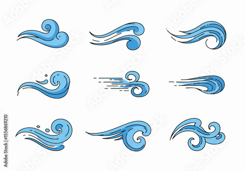 Set of Blue Wind and Air Icons and Symbols, Stylized Illustrations of Flowing Air and Energy Gusts in a Cartoon Outline Style
