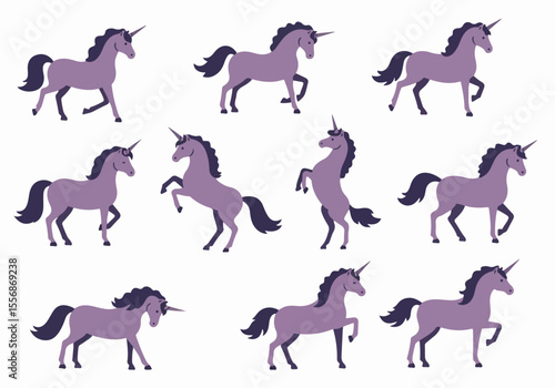 Collection of cute cartoon purple unicorns in various poses isolated on a white background, representing fantasy, magic, and childhood dreams.