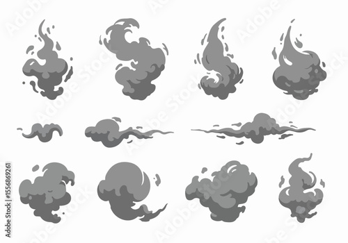 Set of cartoon smoke and dust clouds vector illustration.