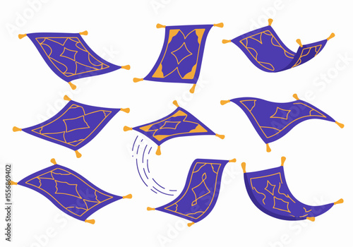 Set of Flying Magic Carpets in Different Poses, Isolated Vector Illustration for Fantasy and Adventure Concepts