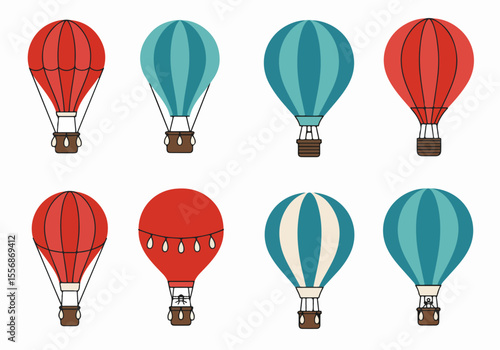 Collection of illustrated hot air balloons in red and blue colors, flat design style against a white background.
