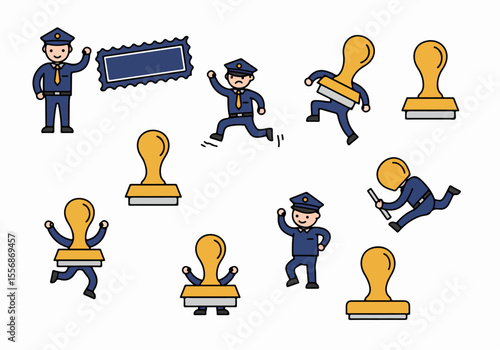 Cartoon illustration set of police officers interacting with rubber stamps, depicting concepts of official approval, bureaucracy, and law enforcement processes.