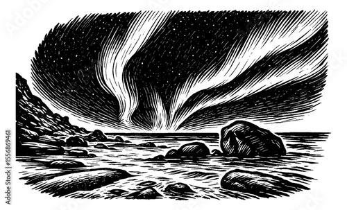 Aurora Borealis Over Rocky Coastline in Engraved Black and White Illustration of Night Sky