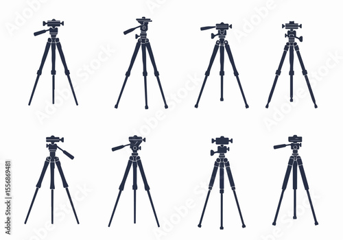 Vector set of black photography camera tripod silhouettes with pan heads, isolated icons on white background, studio equipment illustration.