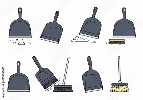 Hand-Drawn Illustrations of Dustpans and Brooms Sweeping Dust