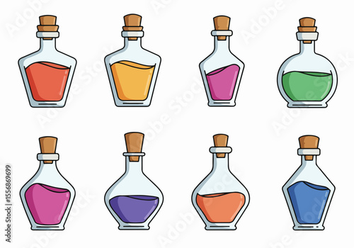 Colorful fantasy potion and elixir bottles with corks, a collection of magical and scientific liquids in glass vials.