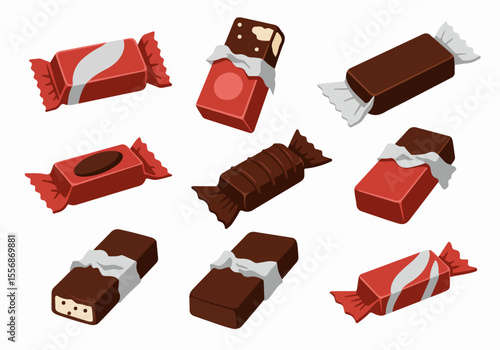 Colorful cartoon illustration set of various chocolates, candies, and sweets in wrappers, isolated on a white background.