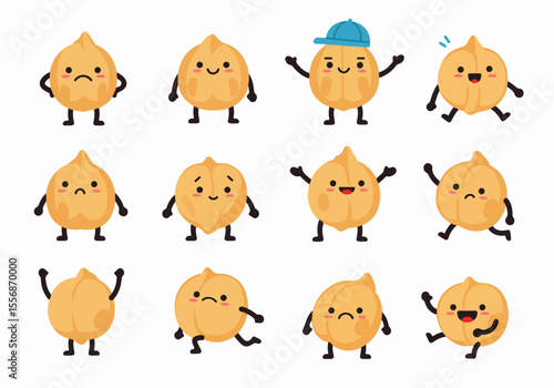 Cartoon Chickpeas with Various Expressions and Poses, Cute Mascot Characters