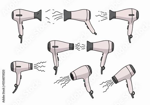 Collection of illustrations featuring various hair dryers with airflow on a white background, perfect for beauty and hair care concepts.