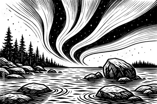 Engraved Style Image of Northern Lights Above a Lake with Rocks and Trees in Black and White
