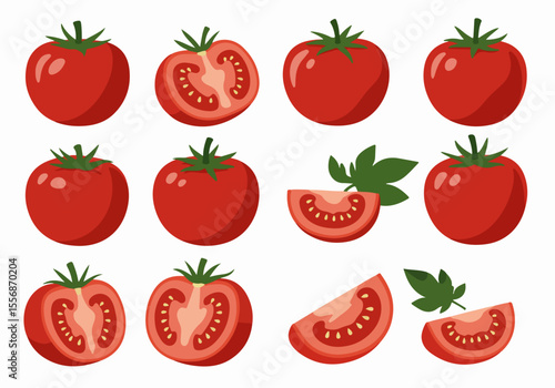 Illustration set of ripe red tomatoes in various forms including whole, halved, and wedges with leaves on a white background.