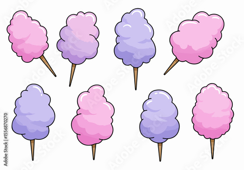Collection of cute cartoon pink and purple cotton candy illustrations on a white background.