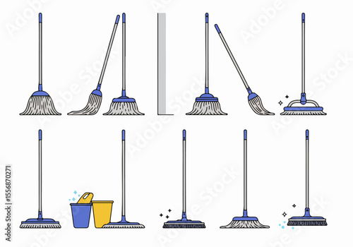Set of various cleaning mop illustrations, including string mops and flat mops, with cleaning buckets, depicting household and commercial chores.