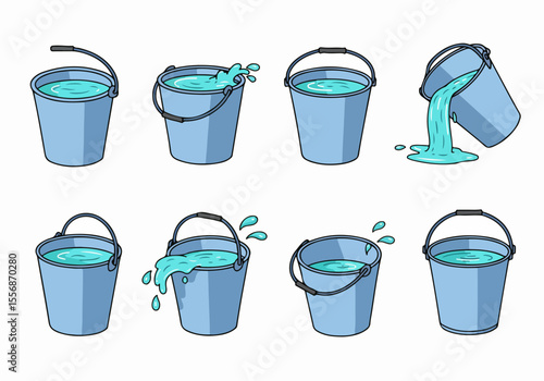 Cartoon Illustrations of Blue Buckets with Water Splashing and Pouring