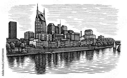 Detailed Black and White Engraving of City Skyline with River Reflection and a Bridge