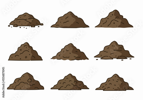 Set of hand-drawn cartoon piles of brown soil or dirt illustrations on a white background, useful for gardening, agriculture, or construction themes.