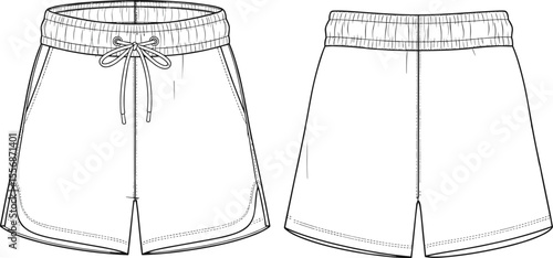 Cad drawing flat vector illustration of men's athletic shorts with drawstring waistband, curved hem, front and back technical view